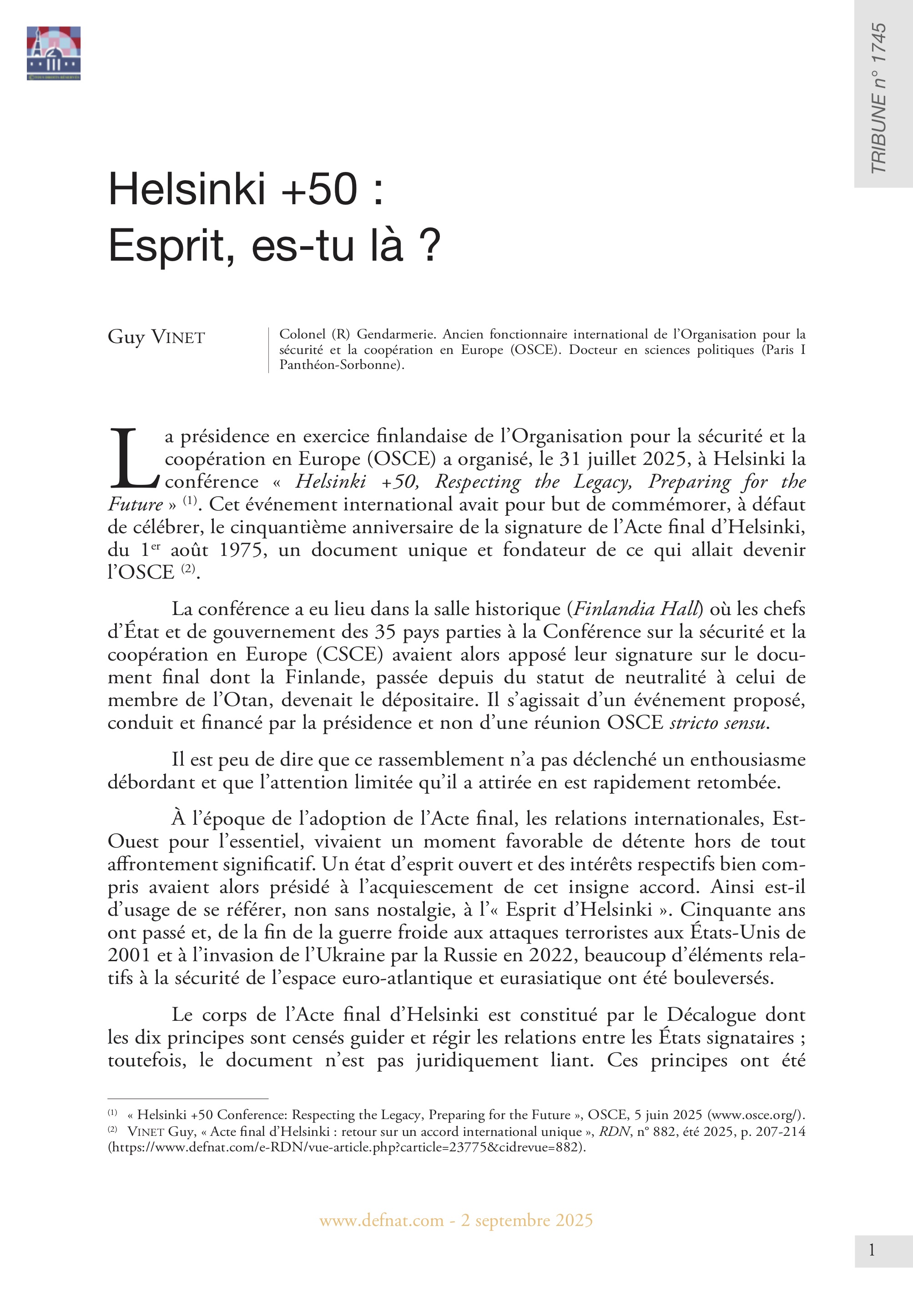 Helsinki +50 : Esprit, es-tu là ? (T 1745)
